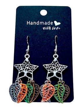 Handmade Sterling Silver Tree Star Pendant Earrings with Dangly Leaves